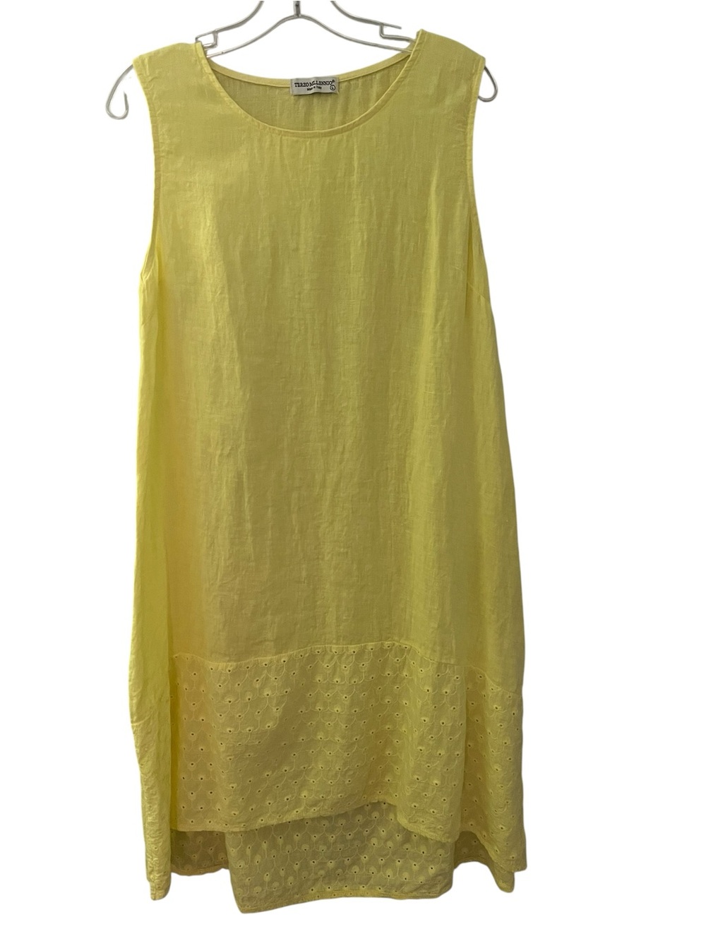 Terzo Millennio Italy Yellow Linen Shift Midi Dress Eyelet Hem Sleeveless L